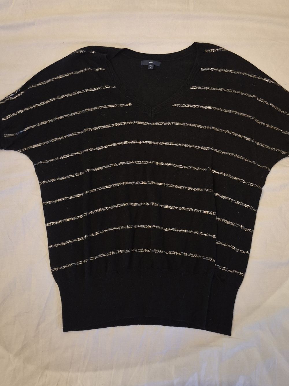 Black V-Neck Short Sleeve Sweater with Gold Stripes